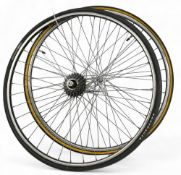 Pair of 700c Wheels having a 6 Speed Block, Release Wheel Spindles (note not matching tyres)