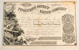 California Gold Rush: United States Tuolumne County Water Company, Columbia 1857. Certificate for