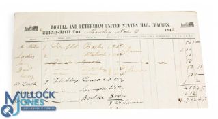 Early Mail Coach Waybill. Lowell and Petersham United States Mail Coaches 1843. Listing passengers