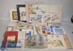 Large collection Artist Paintings Folio Artwork, mostly watercolour on paper unframed and in
