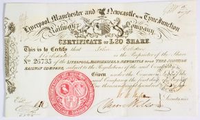 Railways: Liverpool, Manchester and Newcastle Upon Tyne Junction Railway Company. Certificate for