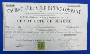 Gold Mining: South Africa Thomas Reef Gold Mining Company. Certificate for 5 made out to William