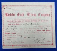 Gold Mining: South Africa Rietulei Gold Mining Company. Certificate for 25 shares made out to Alfred