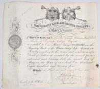 Oxford University Life Assurance Society 1825. Certificate for 1 Share made out to George William
