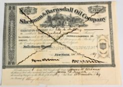 Early Oil Company: Sherman & Barnsdall Company. Certificate for 1,300 shares 1869. Vignette of oil