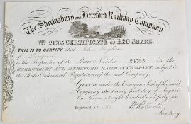 Railways: The Shrewsbury and Hereford Railway Company (a 50-mile line opened in 1853). Certificate