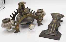 20th century Desk Bell Inkwells Fountain Pen Stand, brass construction with 2 glass inkwells with