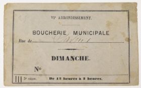 France Siege of Paris, Franco Prussian War 1870. Municipal Butchers Shop, a Meat Ration Coupon for