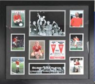 1968 Bobby Charlton Framed and signed montage with photographs plus a b&w photo of Bobby raising the
