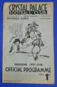1937/1938 Crystal Palace v Swansea Town London Combination match programme 12 February 1938, 4 page,
