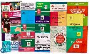 1973-92 Australia in Wales Rugby Programmes (29 inc dup’n): 1973 v Swansea, E Wales and W Wales;