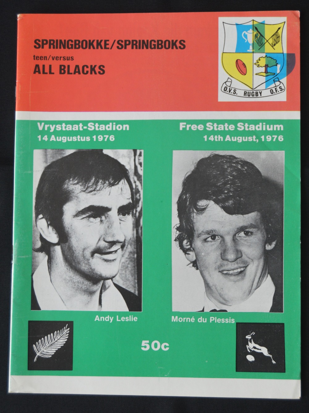1976 in SA, S Africa v NZ 2nd Test Rugby Programme: At Bloemfontein, Leslie and Du Plessis cover