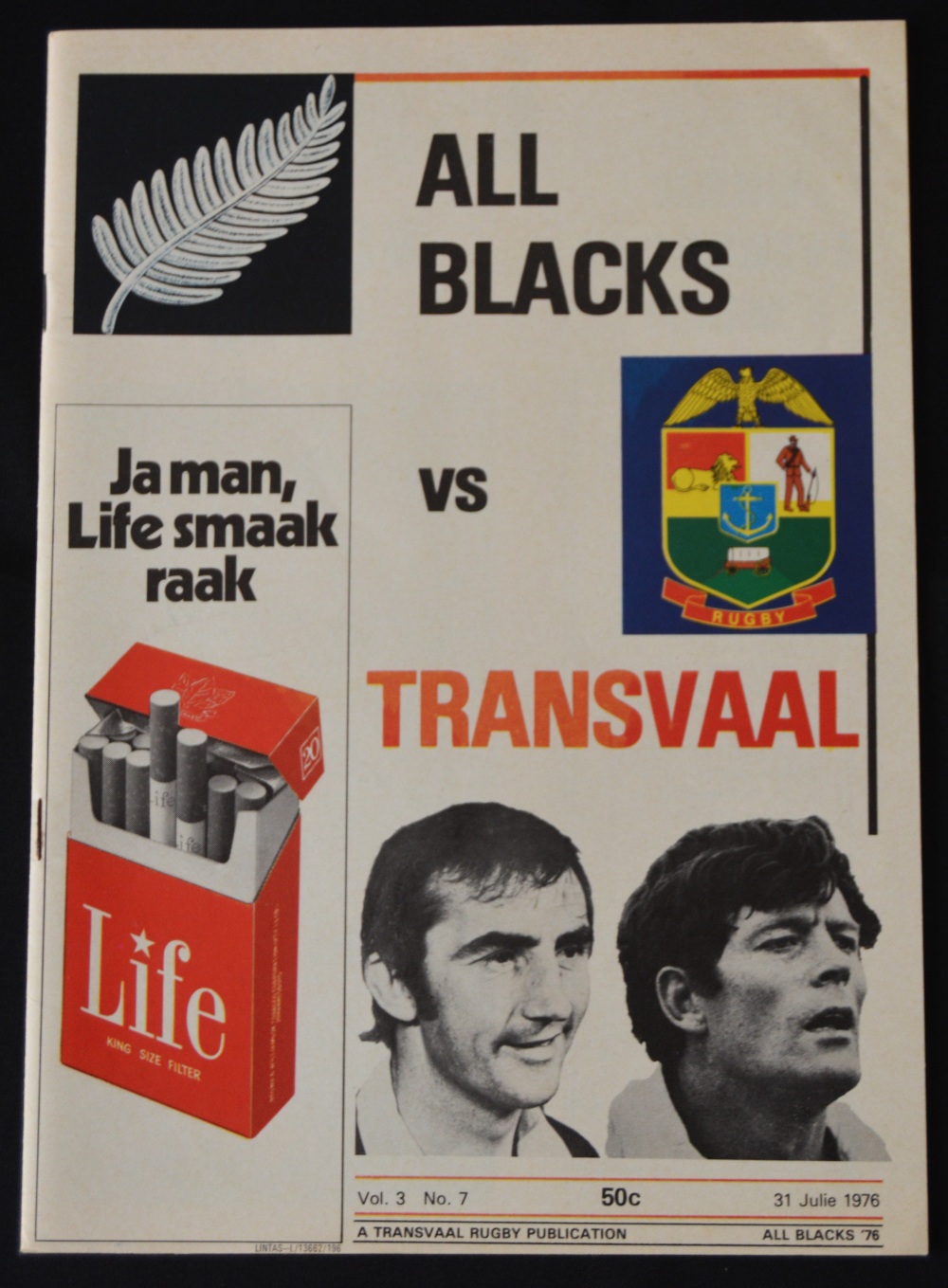 1976 in SA, Transvaal v NZ Rugby Programme: Bold coloured cover with Andy Leslie/Jan Ellis pics