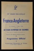 1958 France v England Rugby Programme: Towards the end of the French Fifties Flimsies, but a very