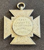 1901 Rugby Medal: highly decorative hallmarked Maltese Cross-style silver medal, Kent County Rugby