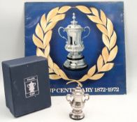 Replica Miniature F A Cup, silver plated 9cm tall in original box - with a part set of Esso FA Cup
