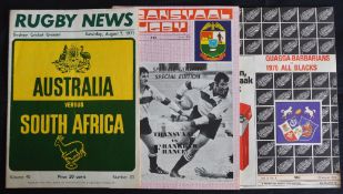 1971-76 S African Interest Rugby Programmes (3): Australia v SA 3rd test 1971; Transvaal v France
