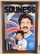 Graeme Souness Rangers Print - holding the Scottish League cup, with printed autograph, framed under