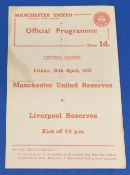 1956/57 Manchester United reserves v Liverpool reserves single sheet programme 26 April 1957; has
