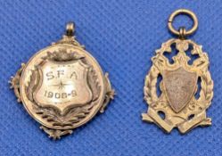 1908-09 Two 9ct Hall Marked Gold Scottish Football Fob Medals, both awarded to R Groves, a fine S.