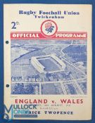 1937 England v Wales Rugby Programme: A nice, by then-traditional Twickenham card issue. Good