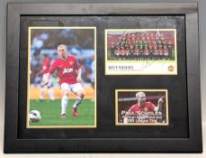 Framed photographs of Paul Scholes together with team squad photograph of Manchester United signed