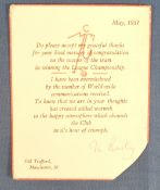 1957 Personal Thank You Card from Matt Busby returning his thanks for the support given to him, to