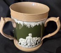 Vintage Rugby ‘Tyg’ Drinking Vessel: Large three-handled example, elaborate green, cream and white