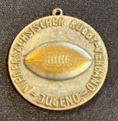 1930s? Rugby Medal: 1.5” circular medal with hook and embossed rugby ball, polished bronze effect