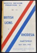 1962 British and I Lions in S Africa Rugby Programme: Scarcer issue from the trip to play
