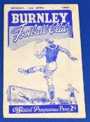 1951/52 Burnley reserves v Manchester United reserves programme 14 April 1952; has tear to lower