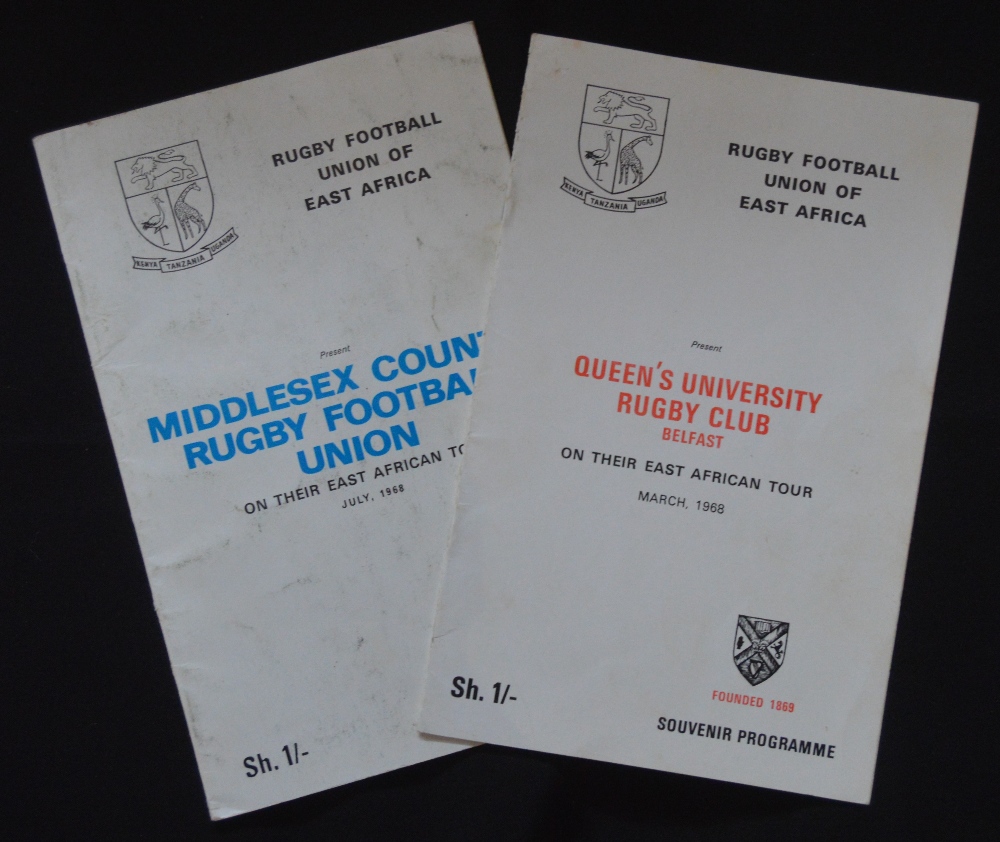 1968 E Africa v Tourists Rugby Programmes (2): v Queens University Belfast and v Middlesex County,