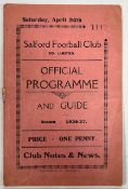 Post war Rugby League programme: 1936/37 Salford v Liverpool Stanley Championship S/F. Good-Fair