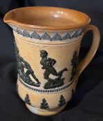 Vintage Rugby Embossed Jug: 6” x 6” cream and brown lipped and handled jug with embossed rugby