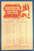 1947/48 Manchester United reserves v WBA reserves 6 September 1947 at Old Trafford, single sheet;
