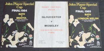 1972-1985 English RFU KO Cup Final Rugby Programmes (3): 1st ever, Gloucester v Moseley 72, and 84