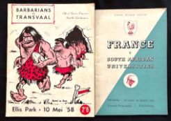 Scarce 1958 Barbarians and France in S Africa Rugby Programmes (2): Super cartoon cover on the large