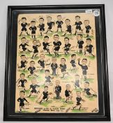 1953-4 NZ All Blacks Squad Framed/Signed Caricature Portraits: Famed Cornish caricaturist Ernie