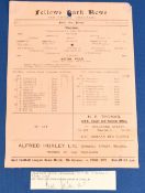1944-45 Walsall v Aston Villa 30/9/44 at Fellows Park Ground comes with signed slip from former