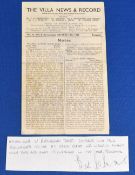 1944-45 Aston Villa v Birmingham City 14/10/44 at Villa Park Ground comes with signed slip from