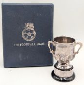 A Silverplated replica of the Football League Cup Trophy, tri handles cup set on base 7cm tall