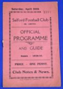 Post war Rugby League programme: 1936/37 Salford v Liverpool Stanley Championship S/F. Good-Fair