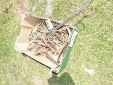 A box of snaffle bits and stirrups etc.