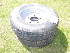 Two wheels and tyres, 155\70 R 12, five stud fixing.