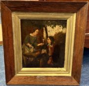 A 19th century painting in the Dutch manner, oil on board of figures in a tavern, oak frame, overall