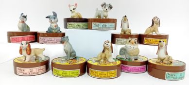 A collection of Wade Porcelain Lady and the Tramp and Bambi figurines, original plastic Hat Box