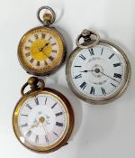 Two silver ladies pocket watches, one with a gilt foliate engraved Roman dial, together with a brass