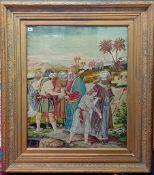 A large 19th century Berlin Wool work of a Biblical scene, showing figures, palm trees, and a camel,