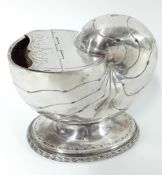 A silver plated Nautilus shell spoon warmer, with engraved decoration and hinged opening, height