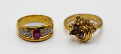 A ruby and diamond ring, stamped 18k, size M, approx 6.3g together with a fancy diamond and amethyst